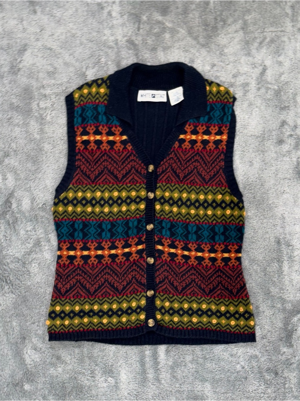 Vintage White Stag Navy Patterned Retro Knit Cotton Ramie Blend Sweater Vest - Picture 3 of 5